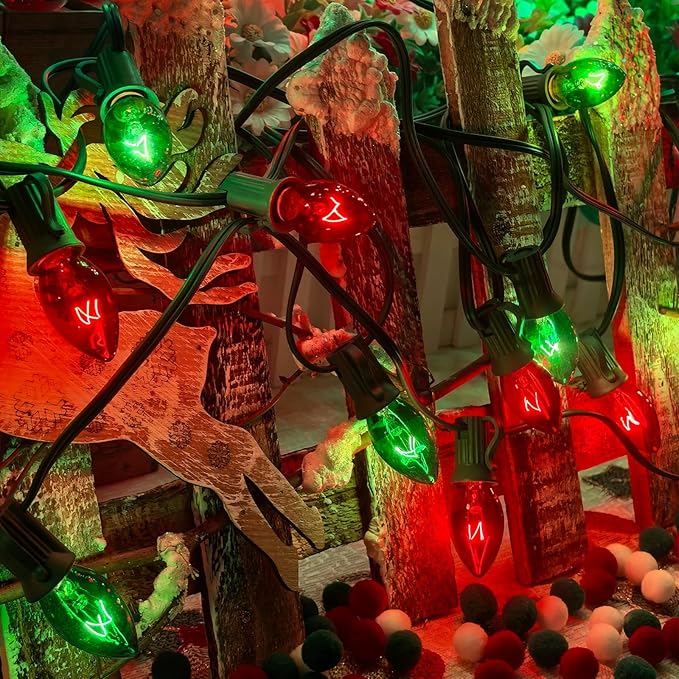 C7 Red and Green Christmas Lights Outdoor, 25Ft Outdoor Christmas Decorations String Lights with 27 Incandescent Bulbs, Vintage Christmas Lights for Indoor Outdoor Patio Christmas Party House Roofline