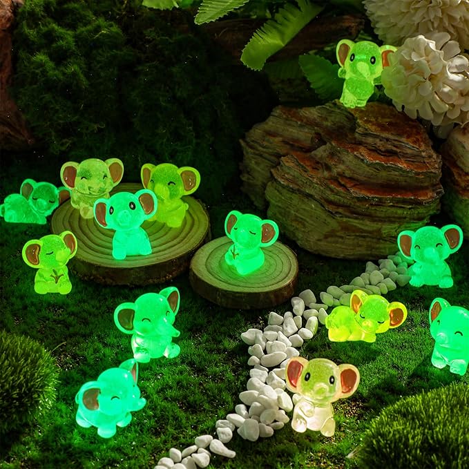48 Pcs Mini Elephant Animals Luminous Resin Small Animal Figurines Bulk Glow in The Dark Garden Accessories Moss Landscape DIY Terrarium Ornament for Garden Dollhouse Decoration