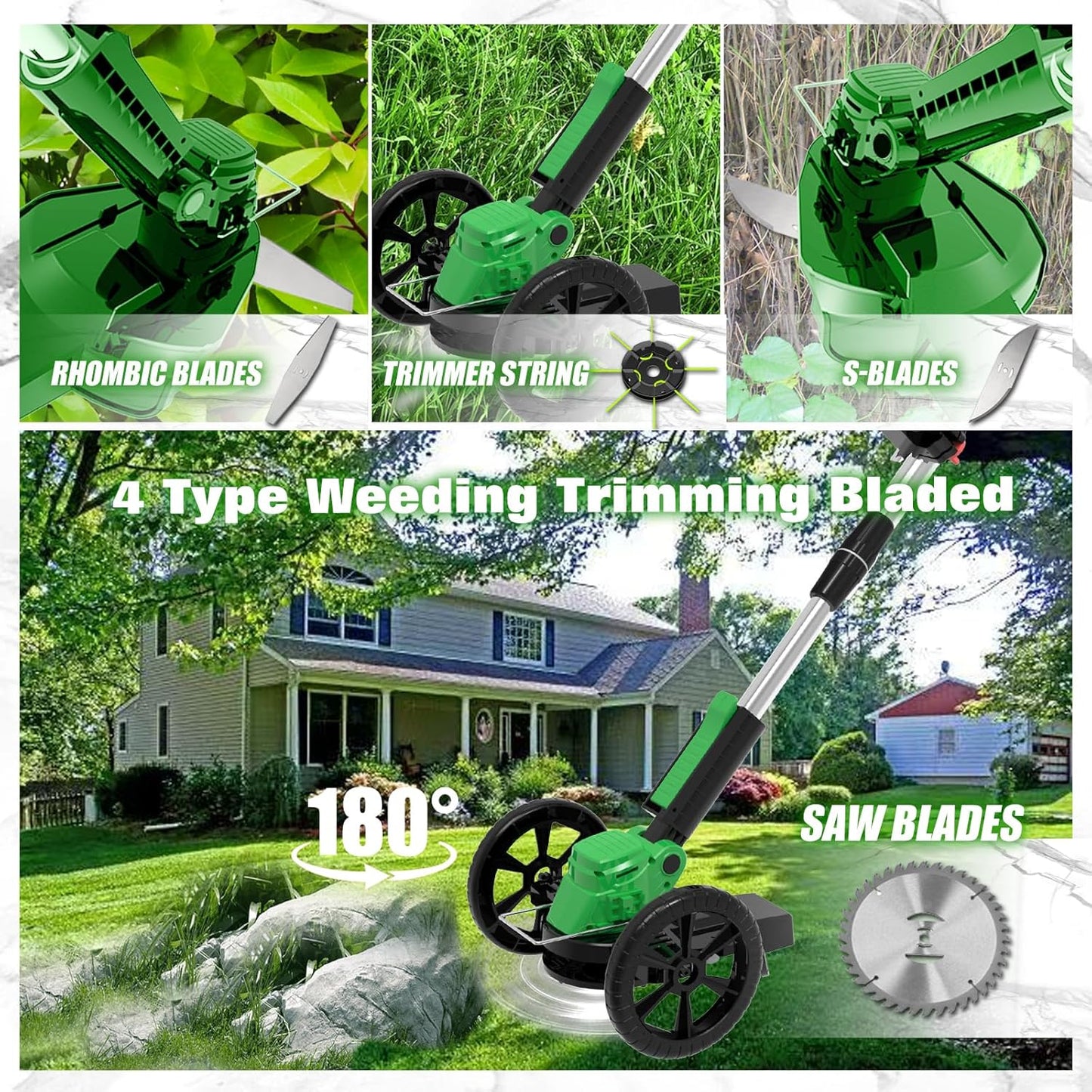 Electric Weed Wacker Eater Cordless Battery Powered, Weed Trimmer 21V Lightweight No-String with 2 Battery Operated & Wheels, 3 in 1 Stringless Grass Trimmer/Edger/Brush Cutter for Garden Yard Lawn