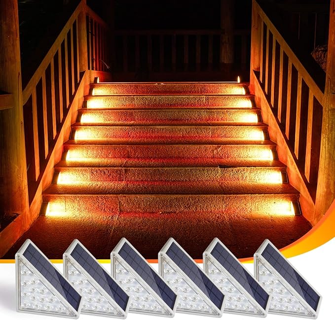 Solar Step Lights 6-pack with Solar Outdoor Stair,Porch,Patio,Yard,Deck & Pathway Adjustable Brightness (Warm White)