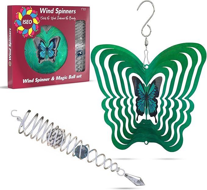 ISEO Butterfly Wind Spinner and Gazing Ball Set, Metal Wind Spinner Garden Decor, Hanging Garden Decorations, Weather-Resistant Outdoor Wind Spinners, 6.5" Spinner Garden Décor