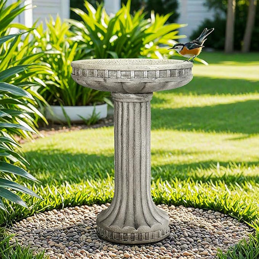 SunJet 24” H x 16” Dia Outdoor Birdbath with Classical Pedestal - Fibre Reinforced Concrete Birdbaths, Vintage Design for Garden Decor & Bird Attraction