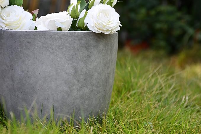 Kante 14 Inch Dia Round Concrete Planter, Indoor Outdoor Large Plant Pot with Drainage Hole and Rubber Plug for Home Patio Garden, Natural Concrete