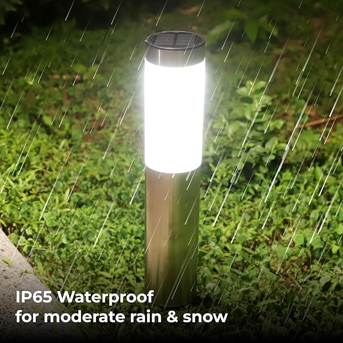 TECHKO Stainless Steel Outdoor Solar Bollard Path Lights (2-Pack), Solar Cylinder Pathway Lights (Stainless Steel)