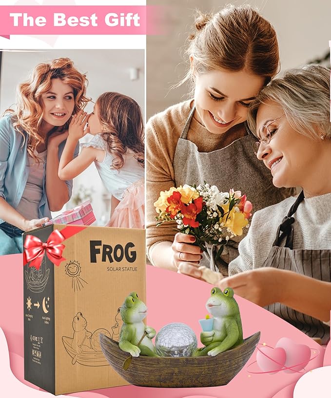 Solar Frogs Boating Statue Garden Decor: Outdoor Sculpture Lights Decorations Art Ornament Yard Lawn Backyard - Ideal Gifts for Women Mom Grandma