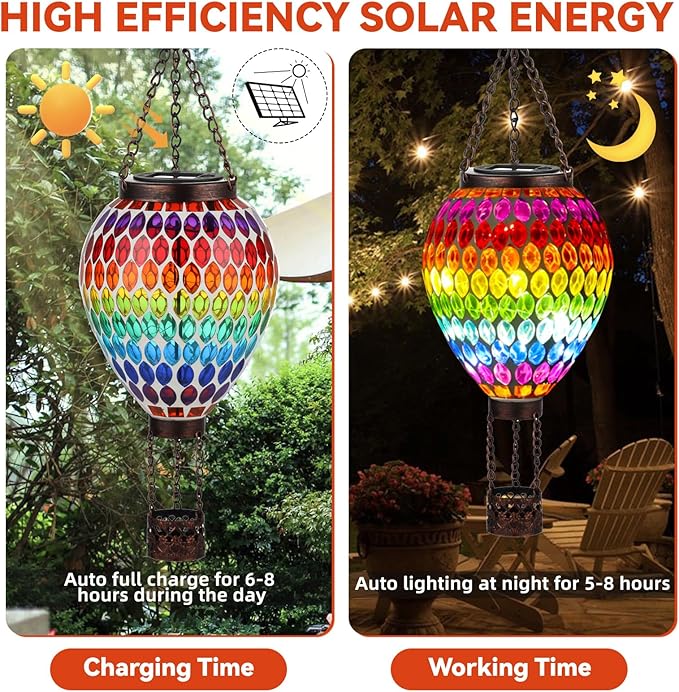 VOREEN Hot Air Balloon Solar Lantern, Mosaic Solar Outdoor Hanging Wind Light, Waterproof, Patio Festive Decor, Easter Gifts for Mom Father Grandma, Rainbow Pattern