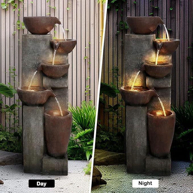 Naturefalls 39.7in.Modern Outdoor Fountain -5-Tier Resin Water Feature, Indoor Outdoor Garden Waterfall Fountain with Contemporary Design&LED Lights for Patio, Yard, Deck, House, Office, Home Decor