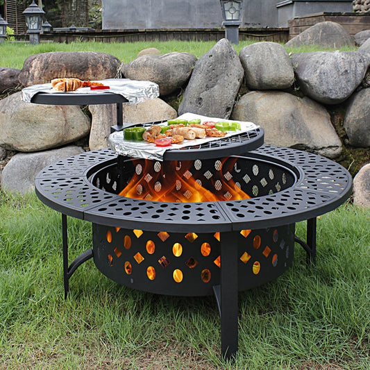 42 Inch Fire Pit with 2 Grills, Extra Large Wood Burning Fire Pits for Outside with Lid & Poker, Heavy Duty Firepit,BBQ& Outdoor Firepit & Round Metal Table 3 in 1 for Patio, Picnic, Party