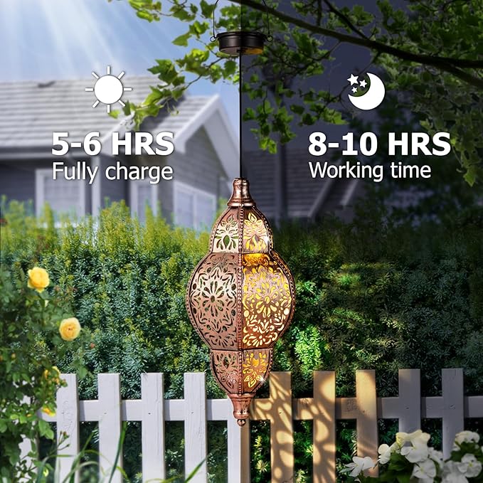 Solar Lanterns Outdoor Waterproof, Hanging Solar Lantern Garden Decor, Metal Moroccan Decorative Solar Garden Lights for Yard, Patio, Lawn, Porch, Unique Housewarming Gifts, Copper