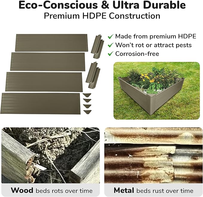 Raised Garden Bed - 4x4 ft Planter Box - Weathered Wood HDPE - No Tools Needed - DIY Kit for Urban Gardening, Flowers, Herbs & Vegetables - Made in The USA