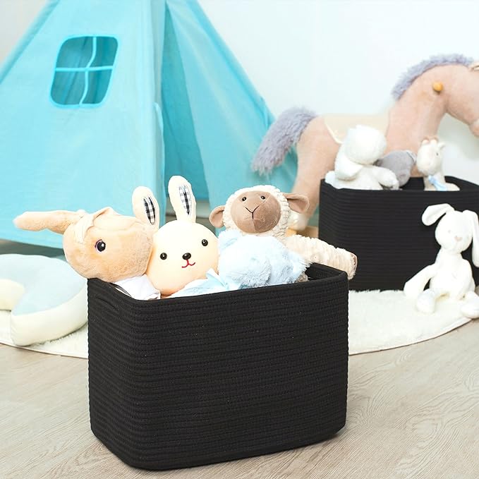 MINTWOOD Design Storage Basket for Shelves, Decorative Baskets for Organizing, Book Basket, Storage Cube Bin Box, Woven Closet Organizer, Pantry Closet and Shoe Basket, Full Black