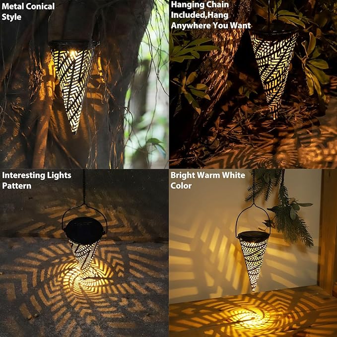 Outdoor Decorative Solar Hanging Lights with Delicate Hollow Conical Lantern Design - Set of 3 Chandelier for Patio, Tree, Garden, Yard, Porch, Backyard Pathway and Christmas Decoration.