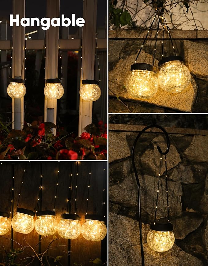 Solar Lantern Solar Lights Outdoor Waterproof 2-Pack, Solar Powered Hanging Lights Cracked Glass Hanging Globes for Christmas Decoration, Shepherd Hook, Garden Tree Ornaments