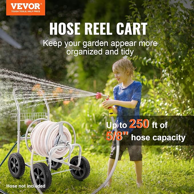 VEVOR Hose Reel Cart, Hold Up to 250 ft of 5/8’’ Hose, Garden Water Hose Carts Mobile Tools with 4 Wheels, Heavy Duty Powder-coated Steel Outdoor Planting with Storage Basket, for Garden, Yard, Lawn