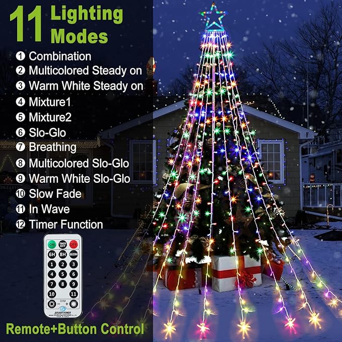 Christmas Decoration Lights, Outdoor String Lights 320 LED 11.5 Ft Waterfall Tree With Big Star Topper 8 Modes for New Year Holiday Garden Yard Indoor Outdoor Decor