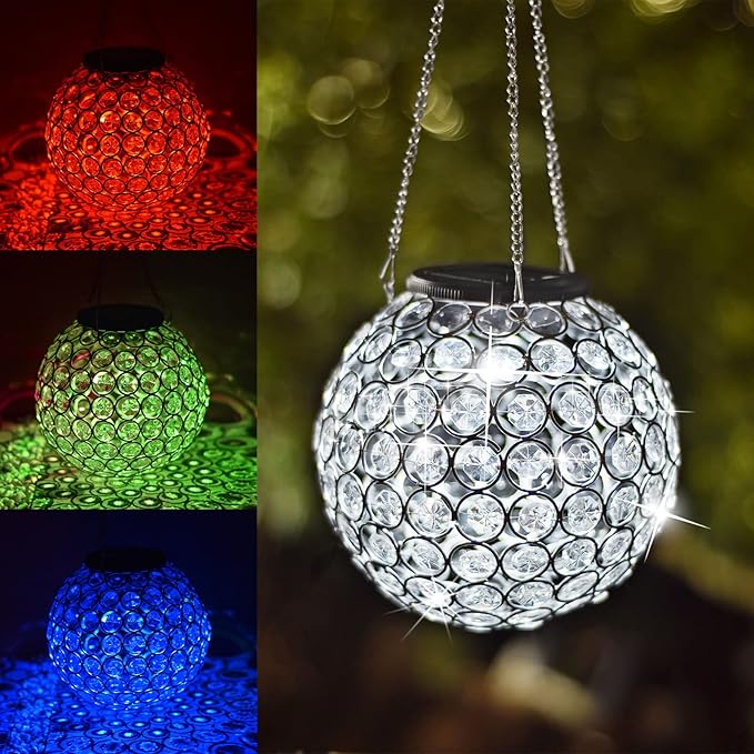 Solar Hanging Lantern Outdoor Lights, Dual LEDs Color Changing and Cool White Hanging Light Waterproof Crystal Globe Lamp Decoration in Garden, Pathway, Front Door - Clear