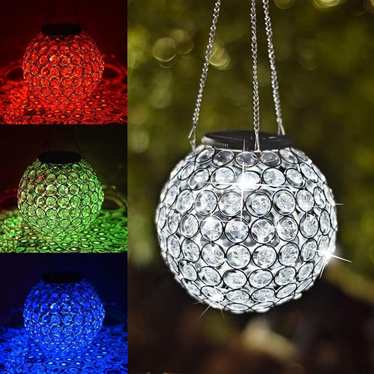 Solar Hanging Lantern Outdoor Lights, Dual LEDs Color Changing and Cool White Hanging Light Waterproof Crystal Globe Lamp Decoration in Garden, Pathway, Front Door - Clear