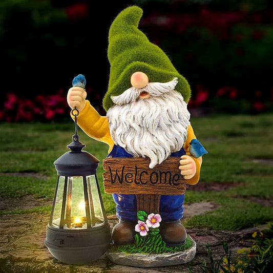 Garden Gnomes Outdoor - Flocked Gnome Statue Holding Lantern with Solar LED Lights | Gnomes Garden Decorations for Patio, Yard, Lawn Ornaments - Gnome Gifts