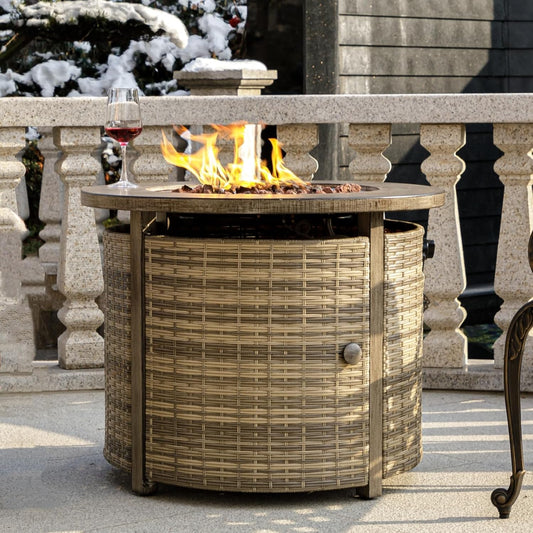 32 inch Propane Fire Pit Table,Wicker Gas Fire Pits Table with Lid & Lava Rocks, 50000 BTU Round Propane Firepit for Outside, Fire Table for Dining,Party, Patio,Yard