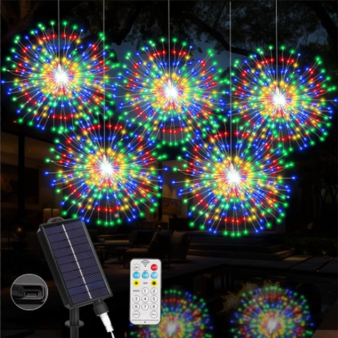Solar Firework Lights Outdoor, 1000 LED Starburst Light Outdoor with USB Rechargerable, 8 Modes Waterproof Solar Hanging Lights for Gazebo Yard Party Wedding Decorations (Multicolored, 1000 LED)