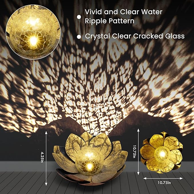 HPC Decor Solar Lights Outdoor Garden Decor - Art Crackle Globe Glass Lotus Decoration, Waterproof LED Metal Flower Lights for Outdoor Decor on Patio,Lawn,Walkway,Table,Perfect Gifts (Gray,11in)