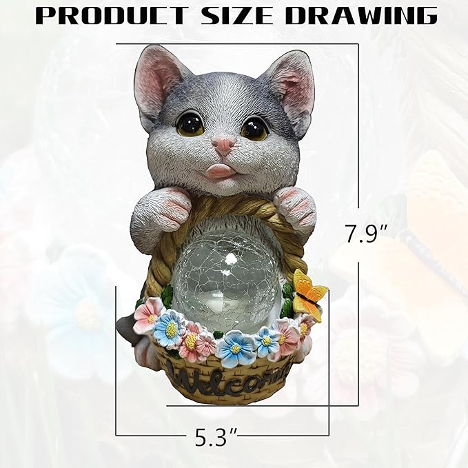 Solar Cat Garden Outdoor Statues,Resin Cat Figurine Carrying Flower Basket and Magic Orb with Solar LED Lights, Lawn Decor Outdoor Statue for Patio, Balcony, Yard Ornament,Gifts for Mom