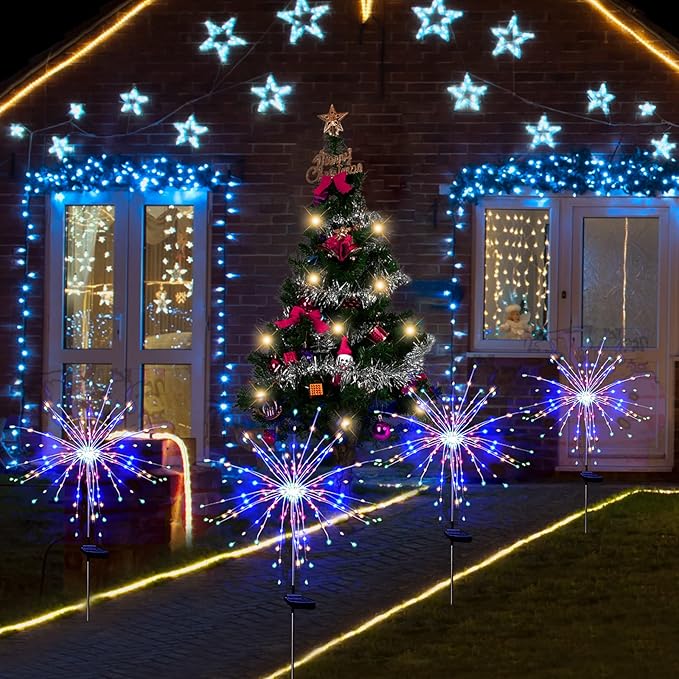 Solar Garden Firework Lights Outdoor Waterproof 4 Pack 120 LED Sparklers Solar Lights for Outside Patio Backyard Yard Pathway Walkway Decorations (Colorful)