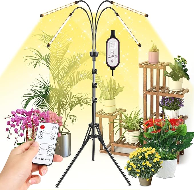 Grow Lights for Indoor Plants Full Spectrum with 15-63 inches Adjustable Tripod Stand Plant Light with 4/8/12H Timer with Remote Control