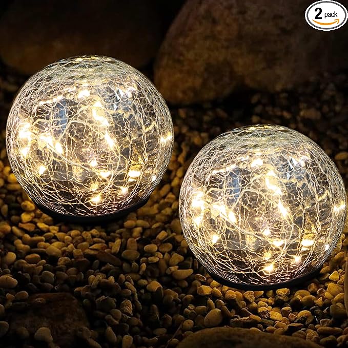 Solar Globe Lights, Cracked Glass Solar Waterproof Warm White LED Ball Lights for Yard Pathway Patio & Lawn Decor (Warm Colors, 2 Pack, 3.94")