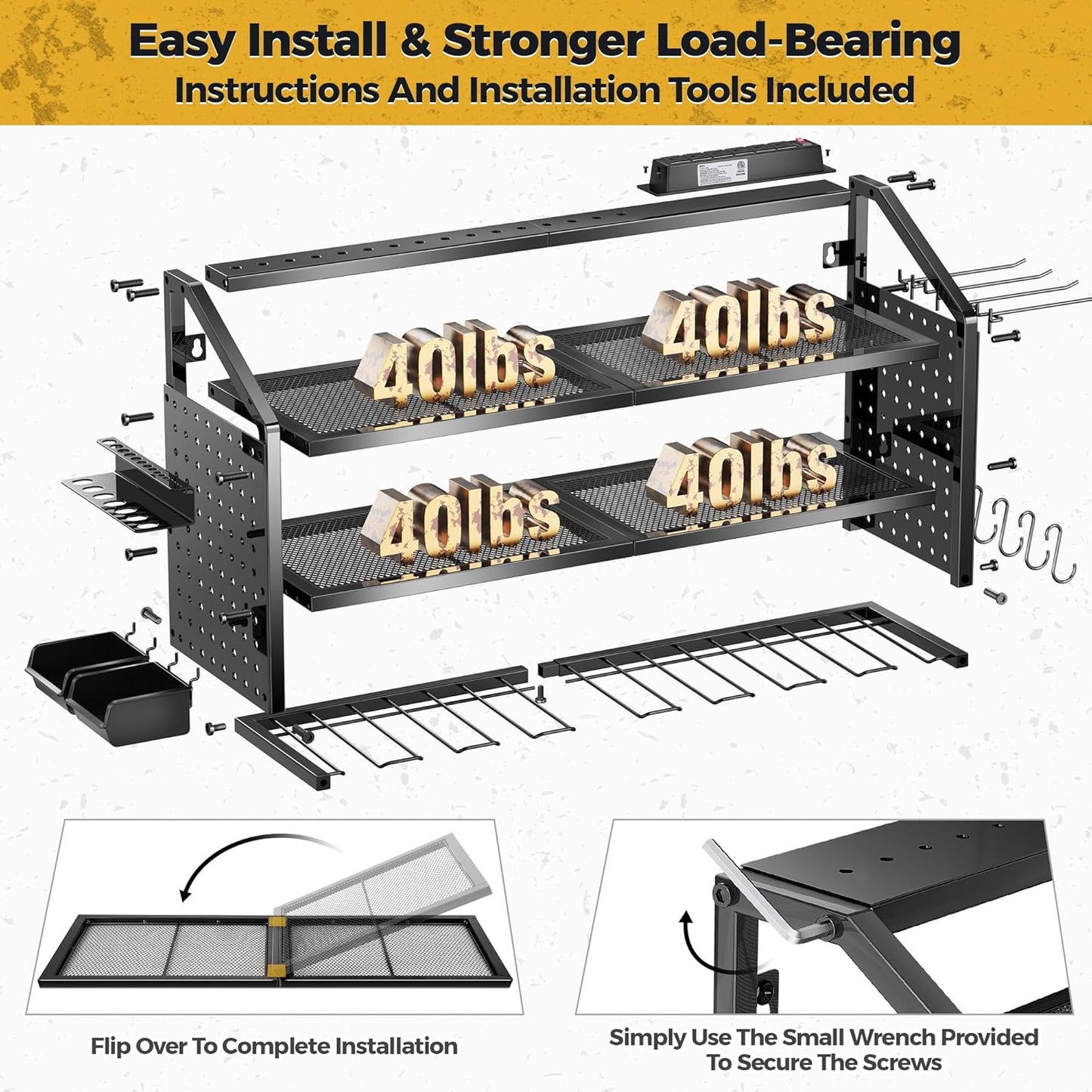 LBT Large Power Tool Organizer Wall Mount with Charging Station, 8 Drill Holder, 4 Layer Heavy Duty Metal Tool Storage Rack, 6 Power Strip, 8 Hooks, 2 Screw Boxes, Cool Gifts for Him Fathers Day