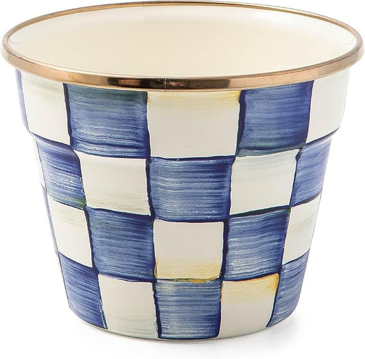 MACKENZIE-CHILDS Enamel Garden Pot, Decorative Pot for Plants, Outdoor Flowerpot Decor, Small, Blue-and-White Royal Check