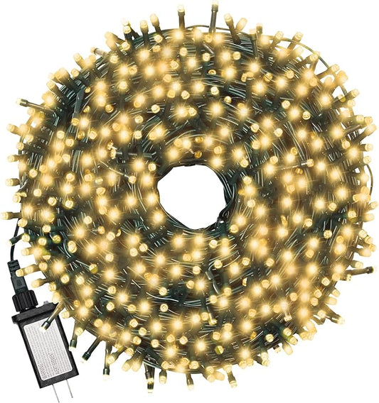 Christmas Light 500 LEDs 172ft Green Cable Wire Fairy String Outdoor Twinkle Lights Plug in 12 Modes for Xmas Party, Garden, Wedding, Home Decoration (Warm White)