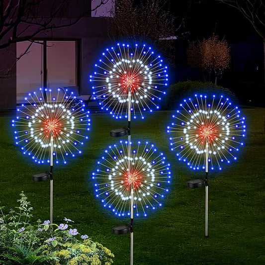 4th of July Firework Solar Garden Lights, Red Blue White Solar Firework Lights with 120 LED 2 Lighting Modes, Outdoor Waterproof Yard Lighting for Independence Day Memorial Day Decor, 4 Pack