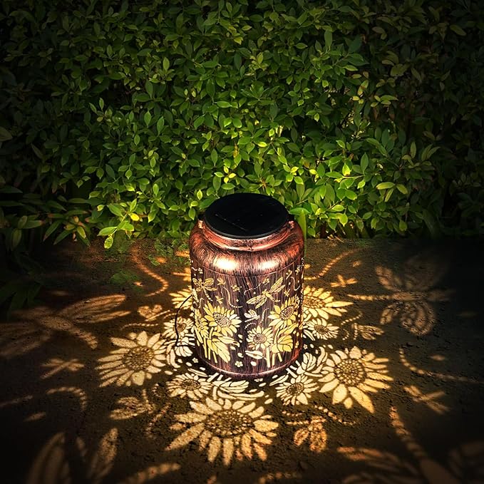 Solar Lanterns, Hanging Solar Lights for Outside, Dragonfly Sunflower Outdoor Lantern, Waterproof Garden Decor for Porch, Yard, Deck, Lawn, Backyard, Patio, Tabletop, Pathway, Landscape