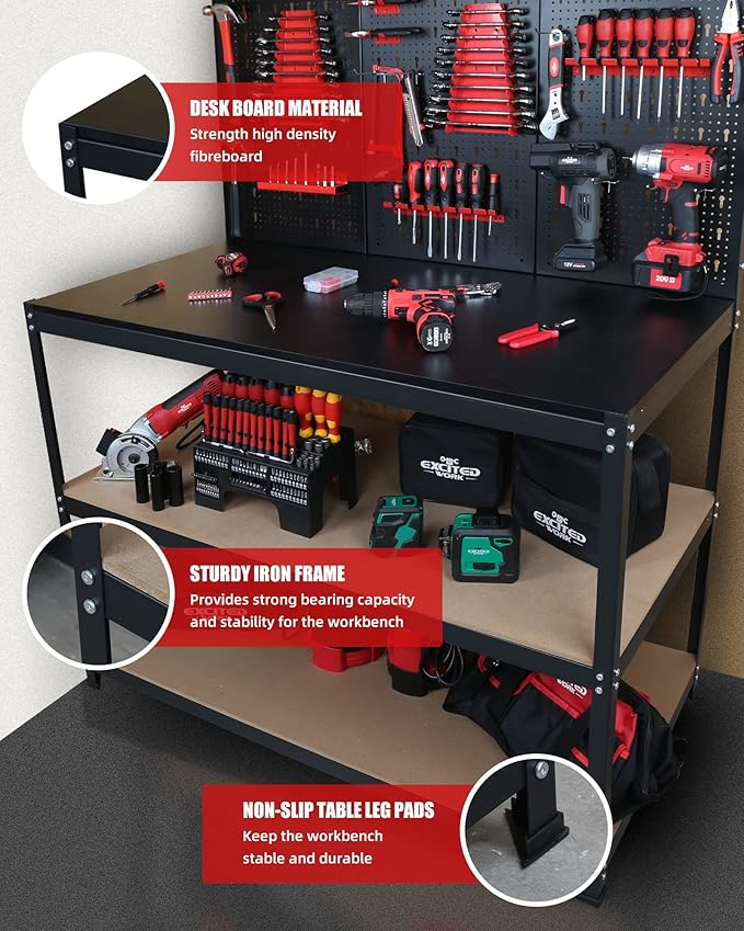 48inch Workbench with Peg Board, Multipurpose Tool Organizer and Work Bench with Double Storage Platform, Workbench in Garage Workshop (48" x 24" x 61")