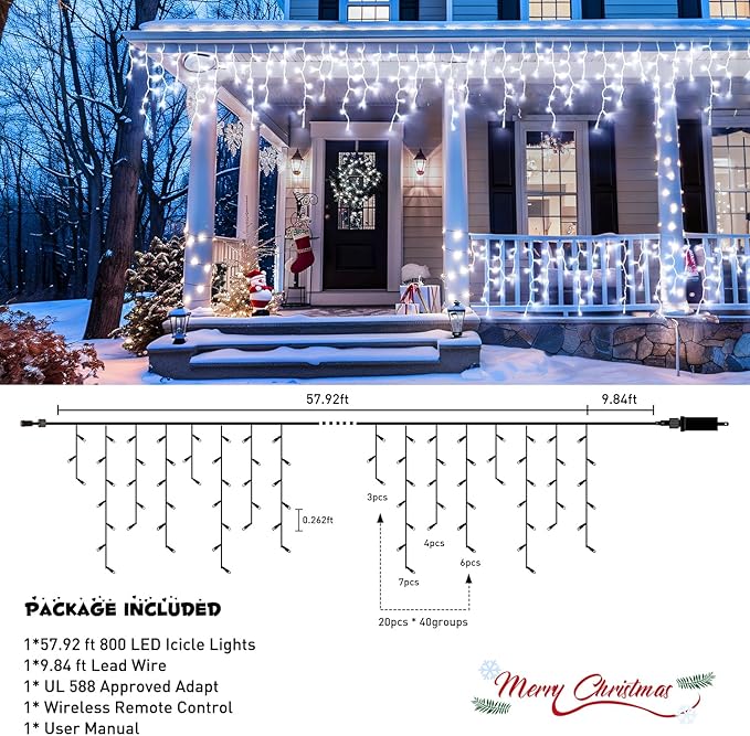 JMEXSUSS Christmas Icicle Lights for Outside: 800 LED White Icicle Lights Outdoor Waterproof - White Christmas String Lights for House Wedding Party Christmas Decoration