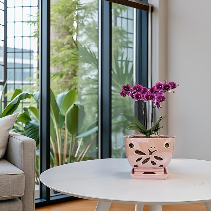 Orchid Pots with Holes Square Ceramic Orchid Planter Pots 5.5 inch (Pink)