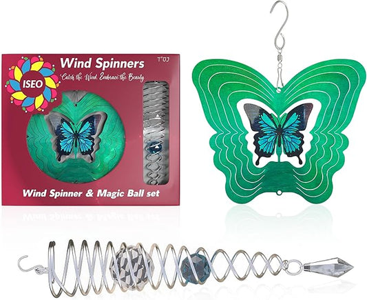 ISEO Butterfly Wind Spinner and Gazing Ball Set, Metal Wind Spinner Garden Decor, Hanging Garden Decorations, Weather-Resistant Outdoor Wind Spinners, 6.5" Spinner Garden Décor