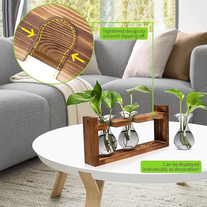 Plant Propagation Station Plant Terrarium Unique Birthday Gifts for Women Plant Lovers Home Office Decor Planter with Wooden Stand - 3 Bulb Glass Vase