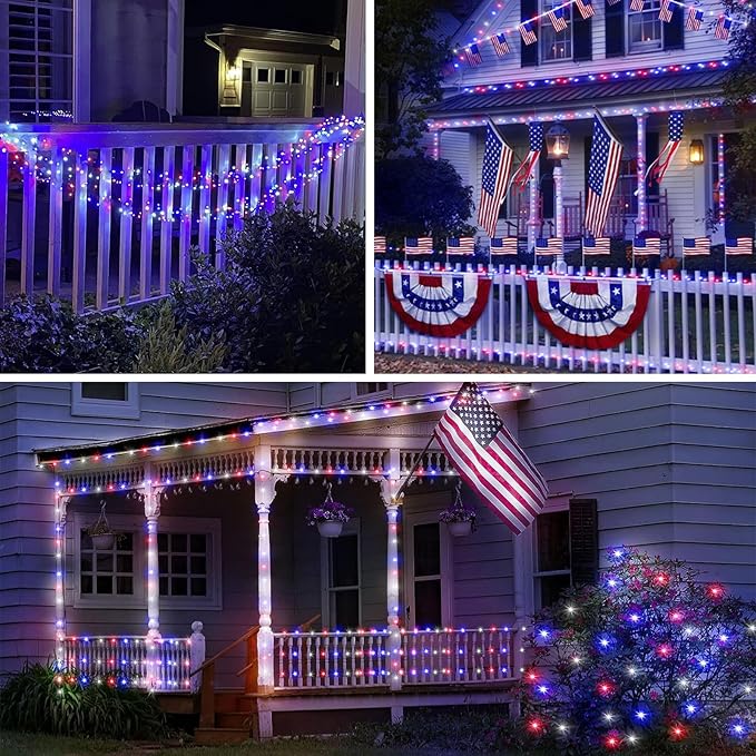 Red White and Blue Solar String Lights Outdoor, 2 Pack 80FT 200 LED Solar Outdoor Twinkle Light for 4th of July Independence Day Decor, Waterproof with 8 Modes, Garden Yard, Patriotic Memorial Decor