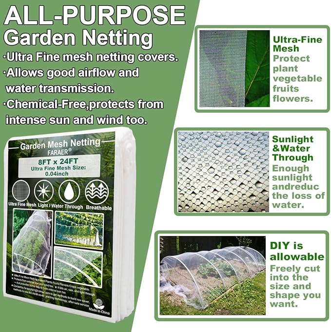 Ultra Fine Garden Mesh Netting, FARAER Plant Covers 8'x24' Garden Netting for Protect Vegetable Plants Fruits Flowers Crops Greenhouse Row Cover Protection Mesh Net Patio Gazebo Screen Barrier Net
