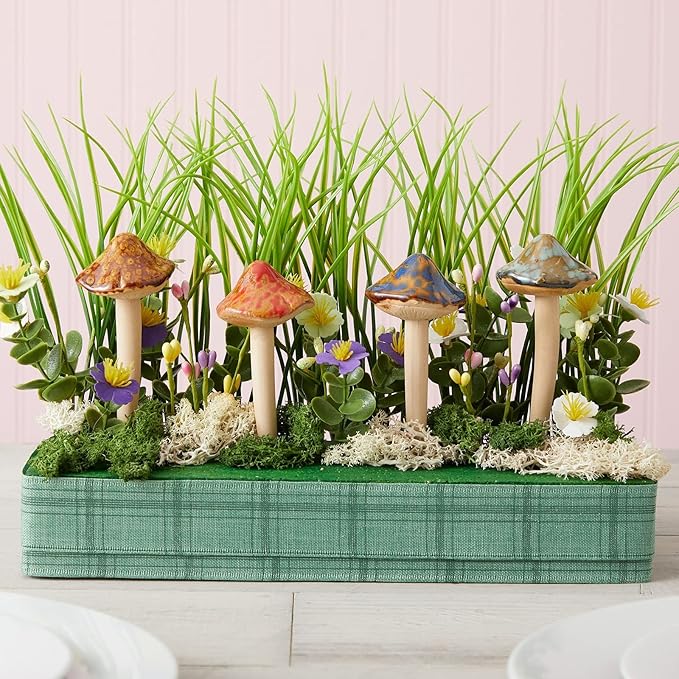 Juvale 4 Pack 5-inch Ceramic Mushroom Plant Garden Ornament and Decor - Outdoor Decoration Stakes for Planter Pots