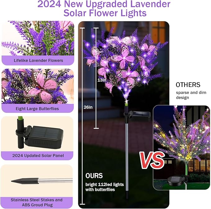 Solar Garden Lights Outdoor, 2 Pack Purple Lavender Solar Butterfly Lights Gardening Gifts for Women, Solar Artificial Flower with Butterfly Purple Garden Decor for Lawn Patio