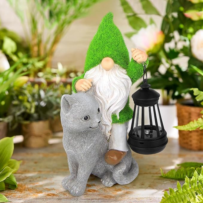 Garden Cat Gnome Decorations for Yard with Solar Lights,Resin Flocked Gnome Figurine Holding Latern,Outdoor Gnomes Decorations for Yard Patio Lawn Porch, Garden Gifts for Mom