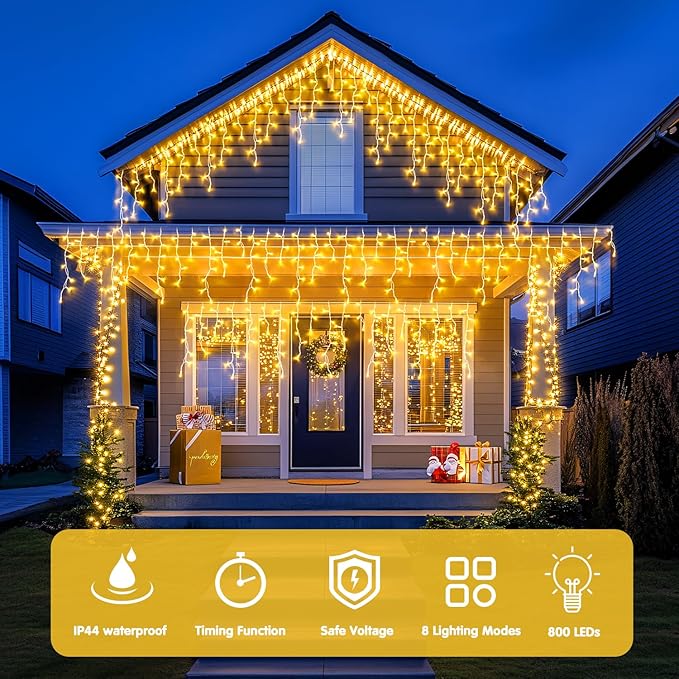 JMEXSUSS 800 LED Icicle Lights for Outside, Icicle Christmas Lights Outdoor, Warm White Christmas Lights for House Holiday Party Wedding Christmas Decorations