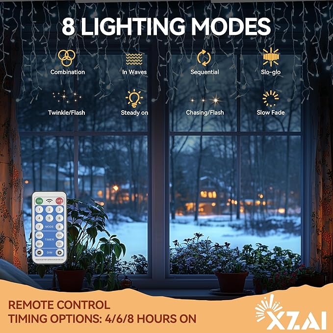 XZAI Solar Icicle String Lights 800LED 50FT Cool White Remote Connectable 2400mAh USB Rechargeable 8 Modes Timer Dimmable IP65 Waterproof Twinkle for Outdoor Christmas & Wedding & Party Decors