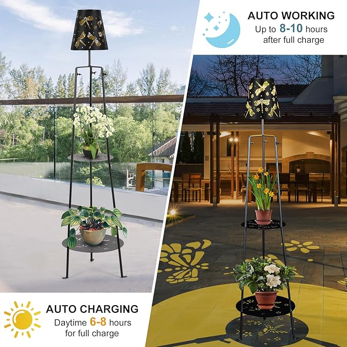 47.2'' Outdoor Metal Solar Floor Lamps with 2 Plant Stand Dragonfly Solar Lights Plant Stand Waterproof Solar Powered Outdoor Lantern Garden Decorative Light for Pathway Patio Porch Deck Yard