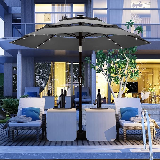 Kingdura 9ft 3-Tier Patio Umbrella with Solar Lights, Table Umbrella Outdoor Patio with Easy Crank & Tilt, 8 Sturdy Ribs, UV Protection, 32 LED Lights for Deck, Poolside, Market (Grey)