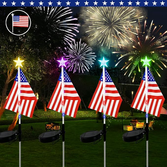 US Flag Solar Garden Lights, 7 Color Changing American Flag Light 4th of July Decorations Outdoor Solar Lights Patriotic Solar Lights for Independence Day Memory Day Garden Yard Pathway - 4 Pack