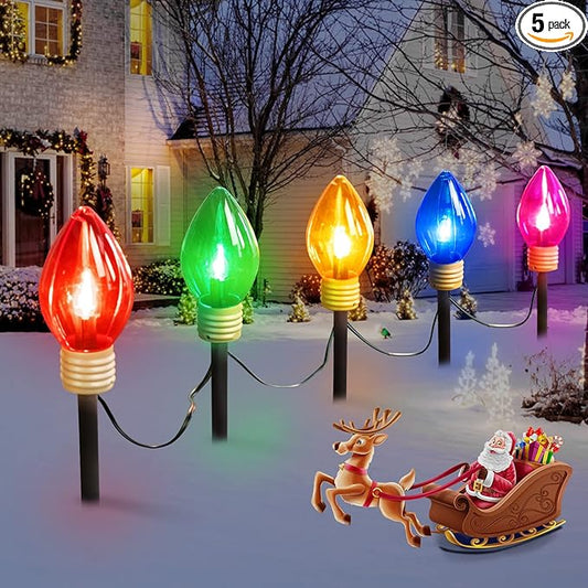 Jumbo C9 Christmas Pathway Lights Outdoor - 8.5 Feet 5 LED C9 Walkway Lights, C7 Covered Multicolor Bulb for Holiday Decorations, Outside Lawn, Yard, Garden
